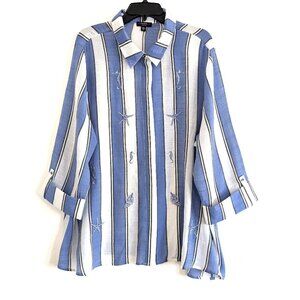 COCOMO Blouse 3X Blue White Sheer Sea Striped Button 3/4 Sleeve Travel Office